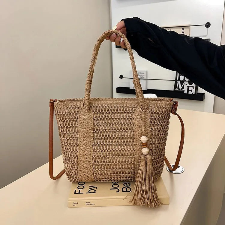 Women's straw woven crossbody shoulder bag in milky white or khaki colour with large capacity