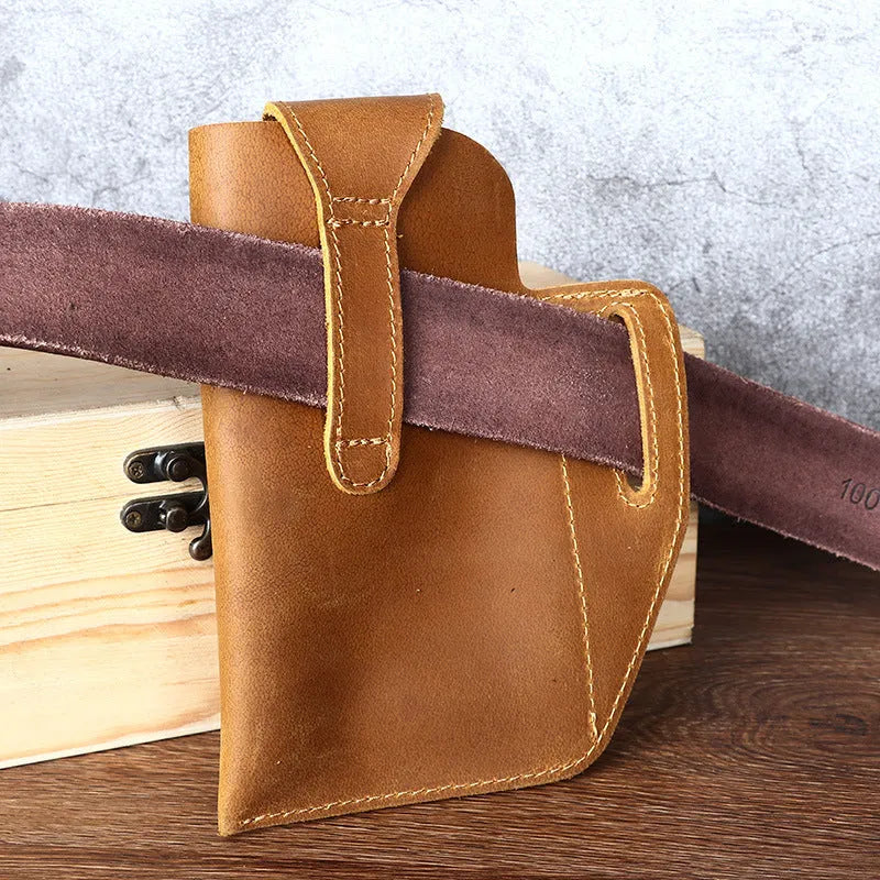 Men's retro leather hanging belt bag in cowhide with car suture detailing and cover opening for mobile phone storage