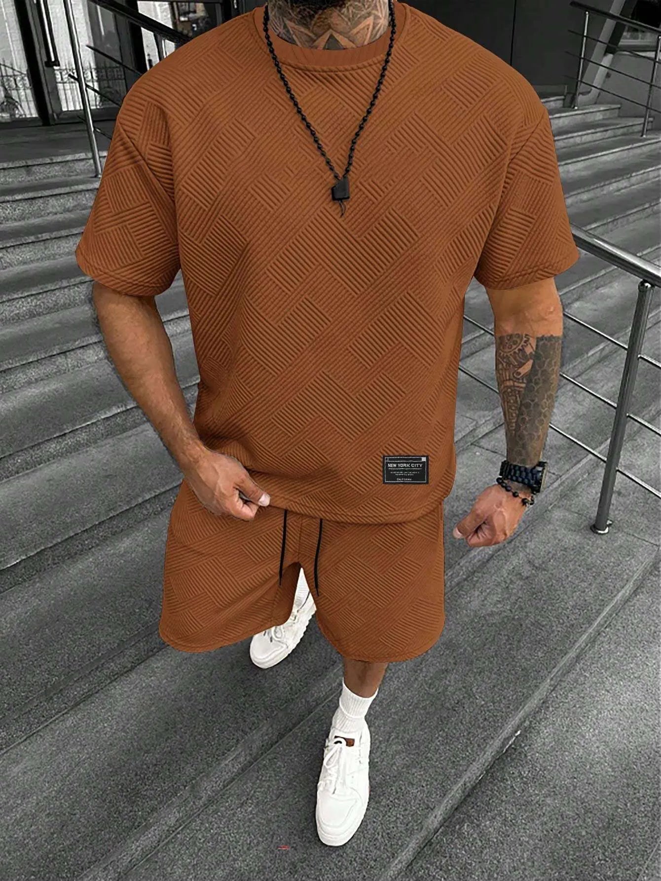 Men's two-piece shorts set with 3D printed design in chemical blend fabric