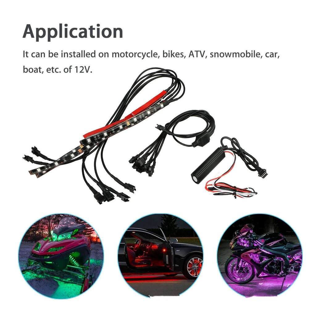 Black silicone RGB LED light bar kit with wireless remote for car and motorcycle atmosphere lighting