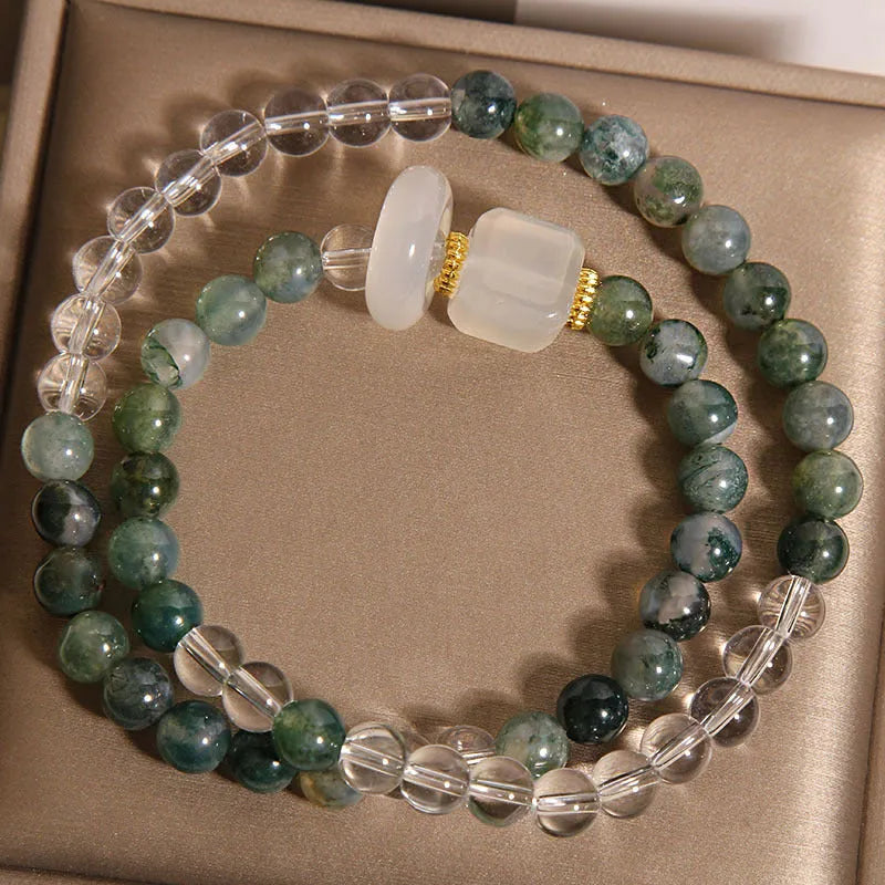 Double circle green grass agate and white agate crystal bracelet with cube sugar cut beads on flexible ring