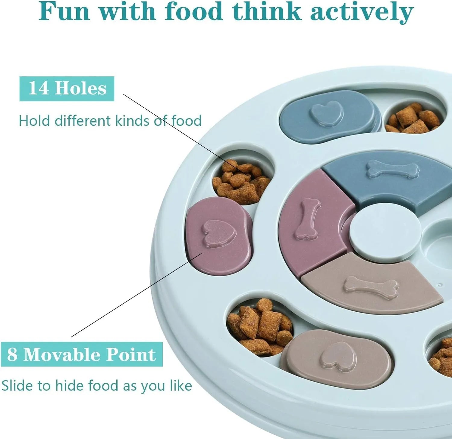 Blue dog puzzle toy slow feeder with sliding parts on floor