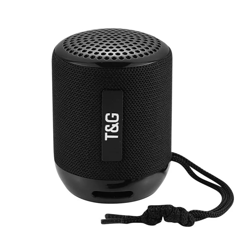 Wireless Bluetooth speaker in black, compact portable design with USB port and fabric grille