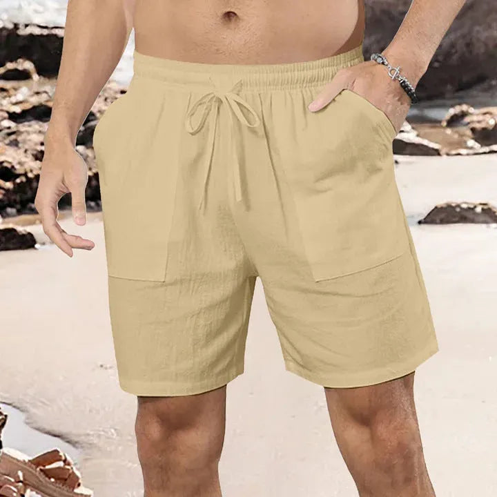 Men's light blue cotton linen straight-cut casual shorts on a hanger.