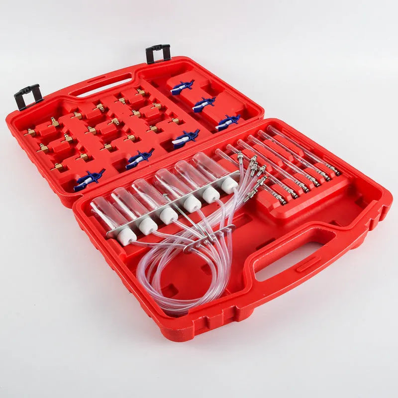 Brass and plastic fuel injection flow meter measuring 37.5cm by 27.5cm for vehicle diagnostics