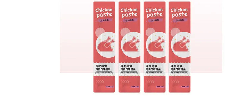 Pack of 10 cat snack strips in four flavour varieties for kittens.