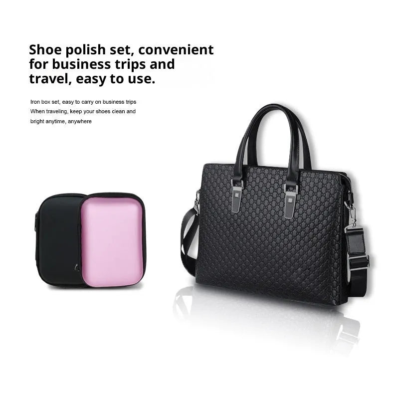 Leather shoe care cleaning set with shoe brush, maintenance oil bottle, and cloth in black bag