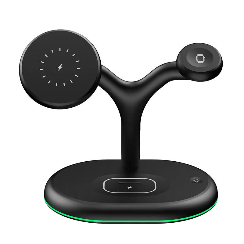 Black magnetic three-in-one 15W fast wireless charging stand with vertical orientation for desktop phone charging