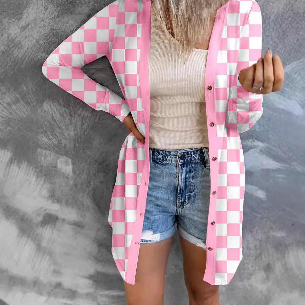 Women's long grey plaid pattern loose fit knitted cardigan coat with regular sleeves