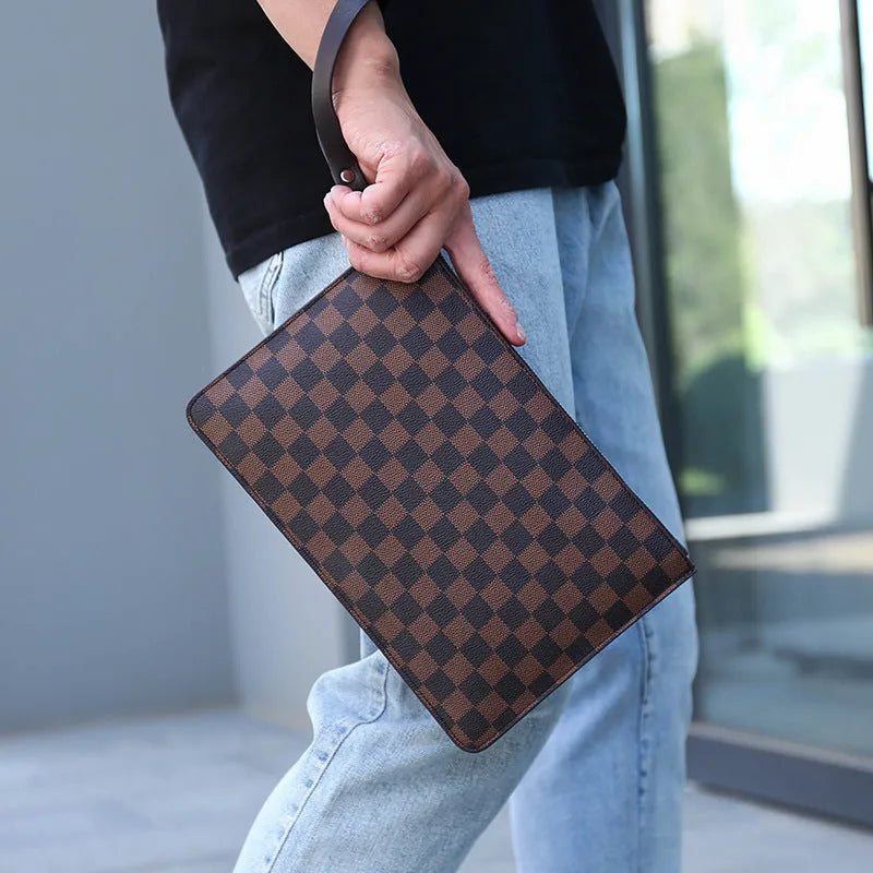 Men's soft PU leather clutch wallet with checkered pattern showing card slots and zipper pocket