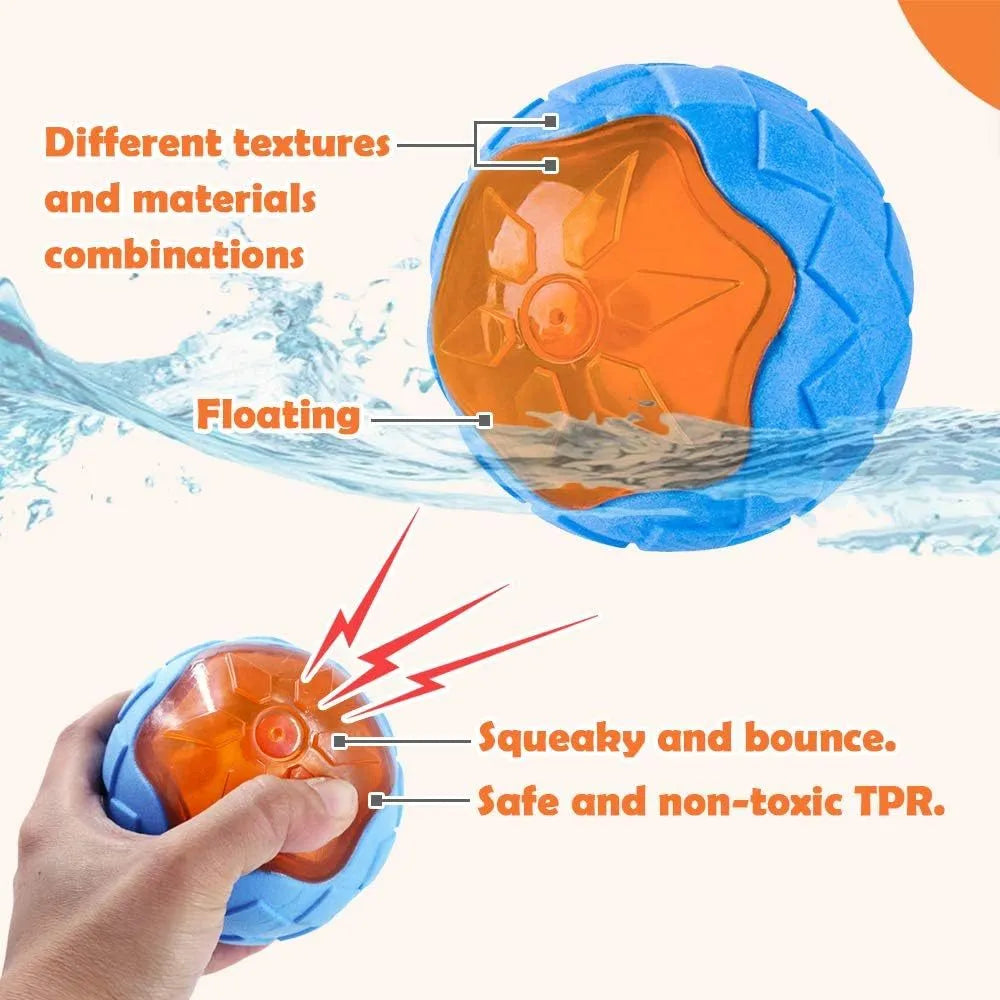 Three floating TPR dog toys: a squeaky ball, barbell, and tyres for water and land play.