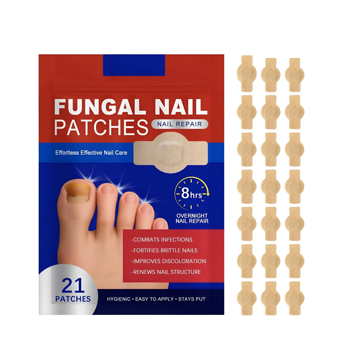 Fungal nail repair patch packet with 21 patches containing ginger and mint leaves