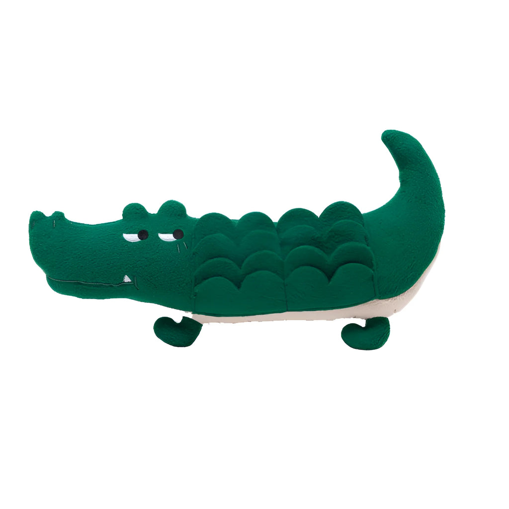 Green plush toy dog soft toy measuring 35cm long on a white background.