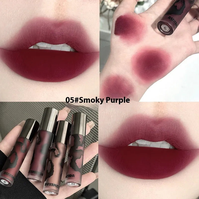 Lava Secret Matte Lip Mud Lipstick in five colour shades: orange brown coffee, cool grey, cinnamon coffee, jujube red, smoked purple.