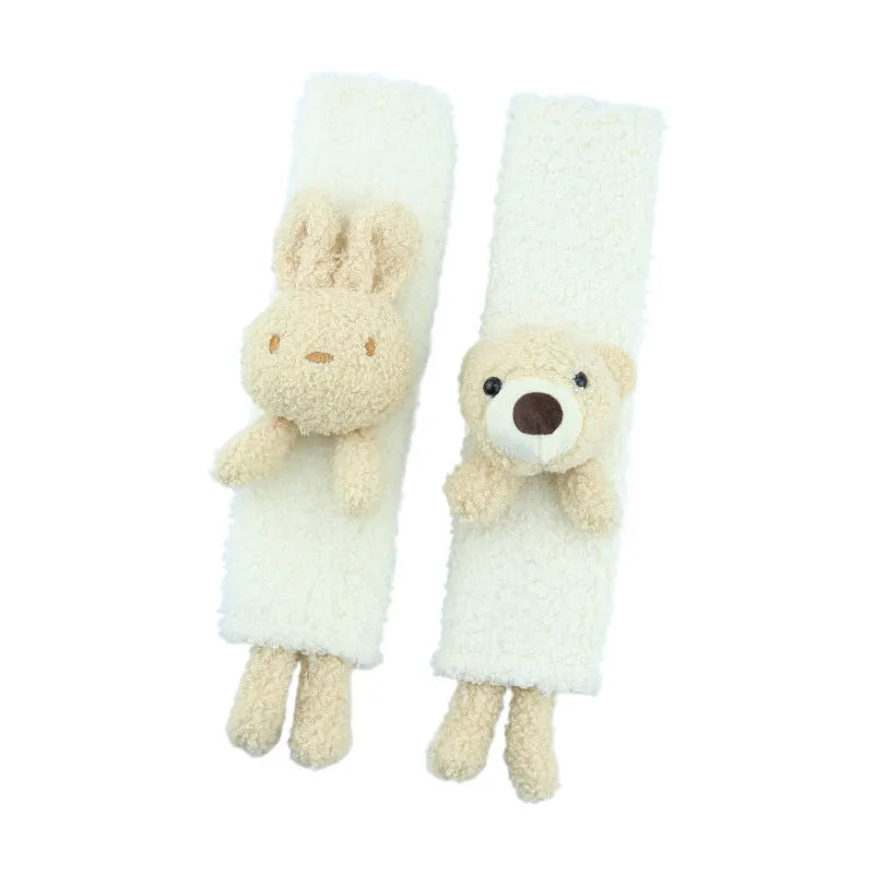 White lamb wool car seat belt shoulder protector with cartoon rabbit and bear designs