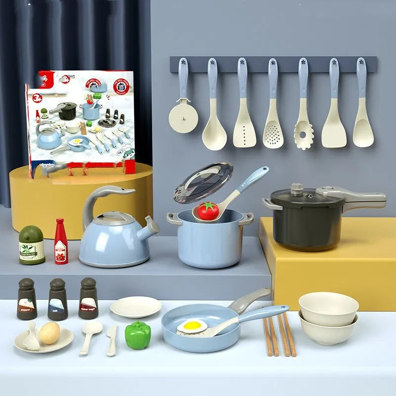 31-piece simulation induction cooker kitchen toy set in red, with plastic cookware items on a play table