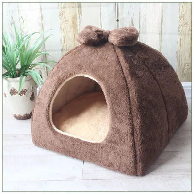 Flannel sponge yurt pet nest in khaki colour for small dogs and cats, enclosed warm design