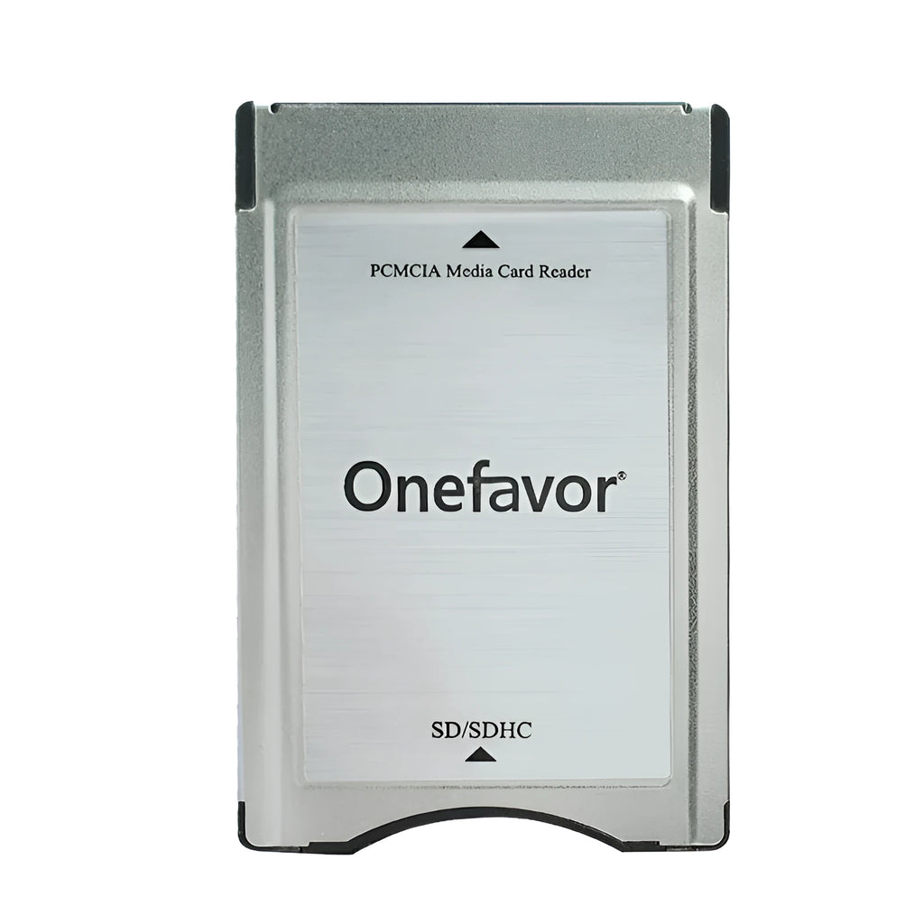 Mercedes-Benz SD to PCMCIA adapter card with stainless steel housing and inserted 32GB SDHC memory card.