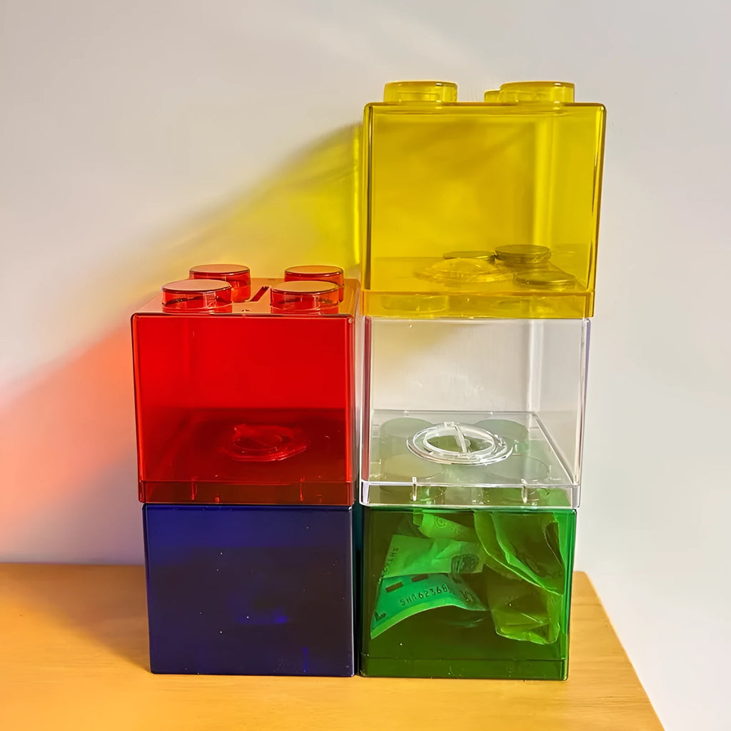 Plastic building blocks piggy bank cube shape 9x9x8.8 cm five colours