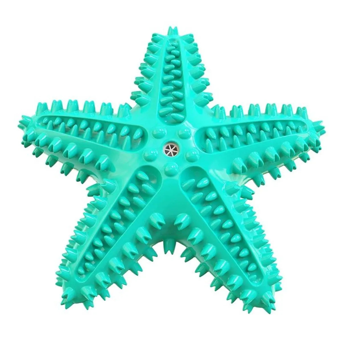 Blue starfish-shaped TPR dog chew toy with textured surfaces for dental cleaning