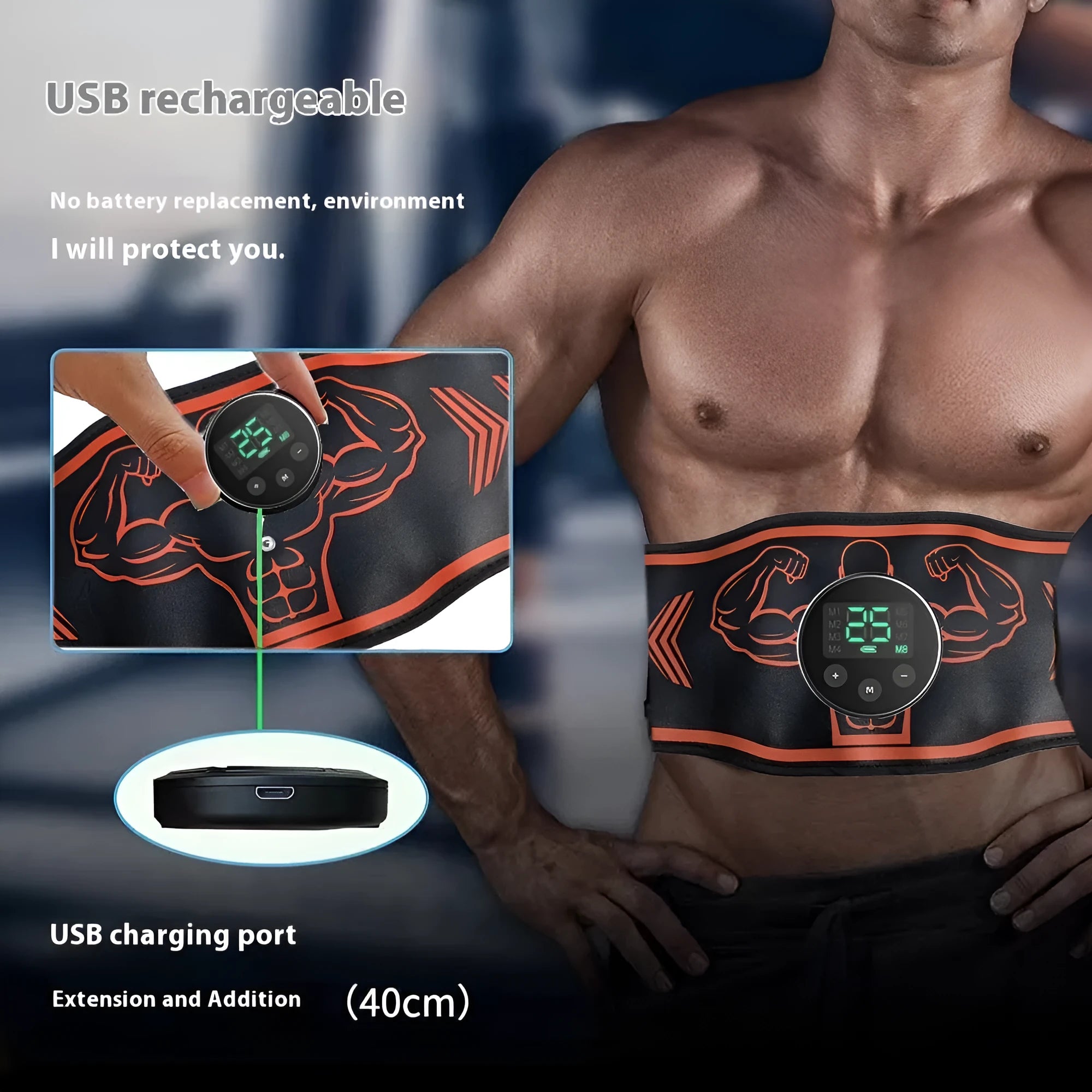 Blue and orange rechargeable EMS smart massage belt with timer and arm stickers.