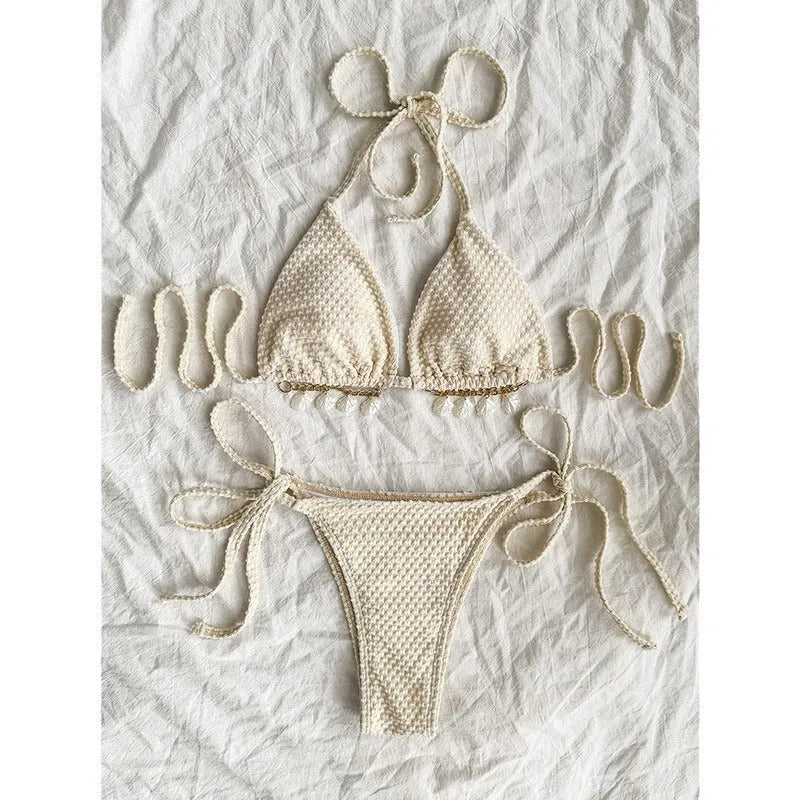 Women's halter lace-up bikini set in milky white, green or white colours