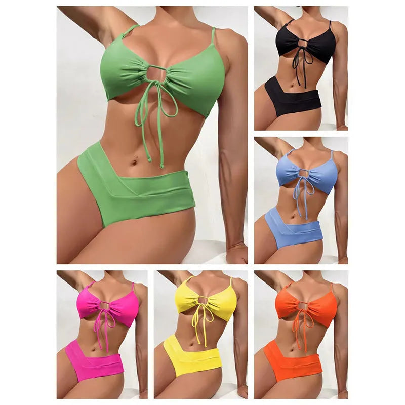 Women's tied bow split front bikini swimsuit in nylon fabric with eight colour options