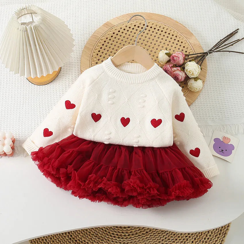 Girl's love embroidered knitted top and skirt set in white top with wine red dress, pullover style