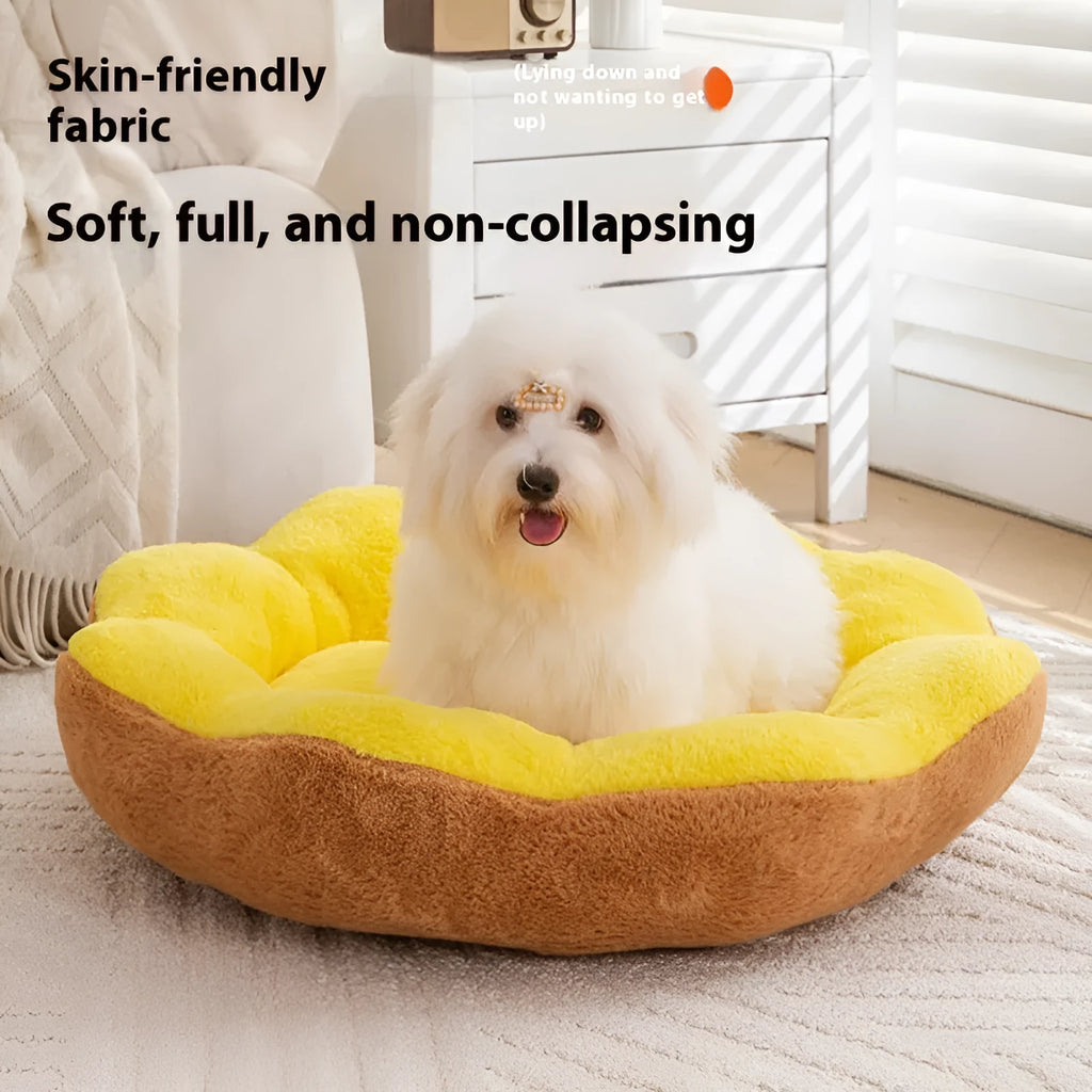 Round cat pet bed with thick rabbit plush material in yellow brown colour showing detachable design
