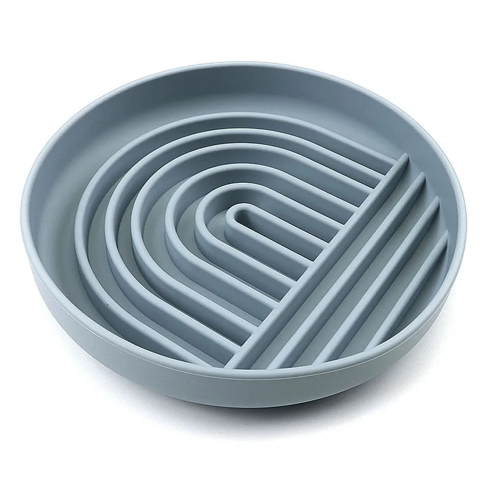 Silicone slow feeder dog bowl with ridges, shown in beige colour, measuring 19 cm.