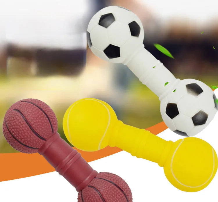 Colourful football and dumbbell shaped PVC squeaky dog chew toy
