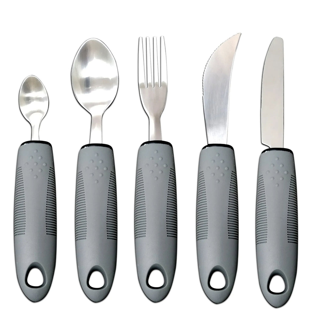 Stainless steel adaptive cutlery set with rubber handles for elderly or disabled users