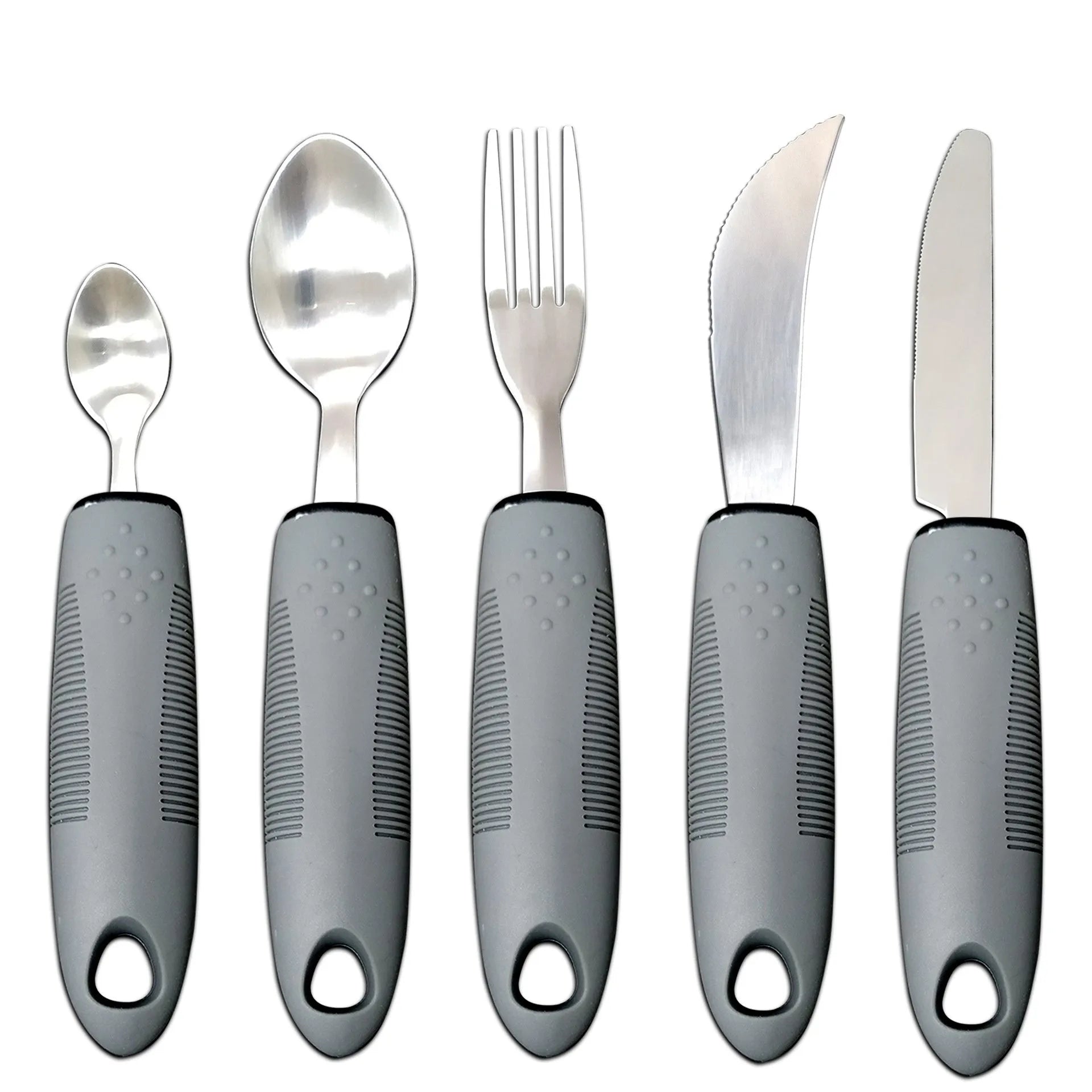 Stainless steel adaptive cutlery set with rubber handles for elderly or disabled users