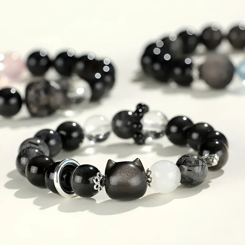 Silver stone crystal bracelet with fox charm featuring white, pink and navy blue beads