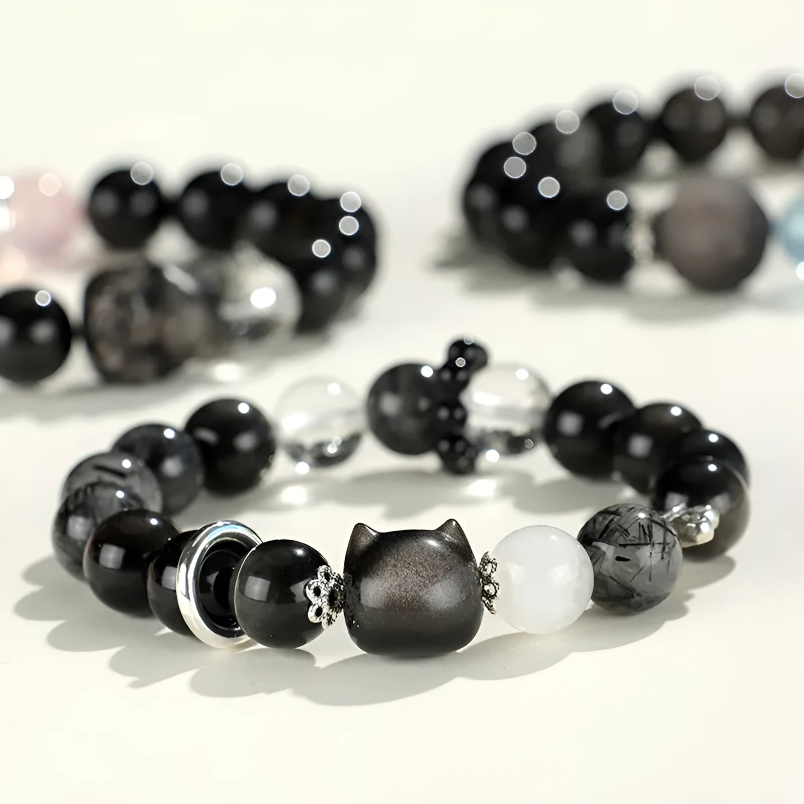 Silver stone crystal bracelet with fox charm featuring white, pink and navy blue beads