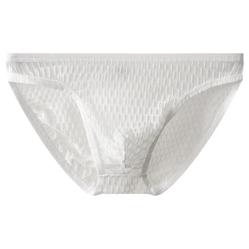 Men's low waist transparent lace underwear in black on a mannequin.