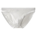 Men's low waist transparent lace underwear in black on a mannequin.