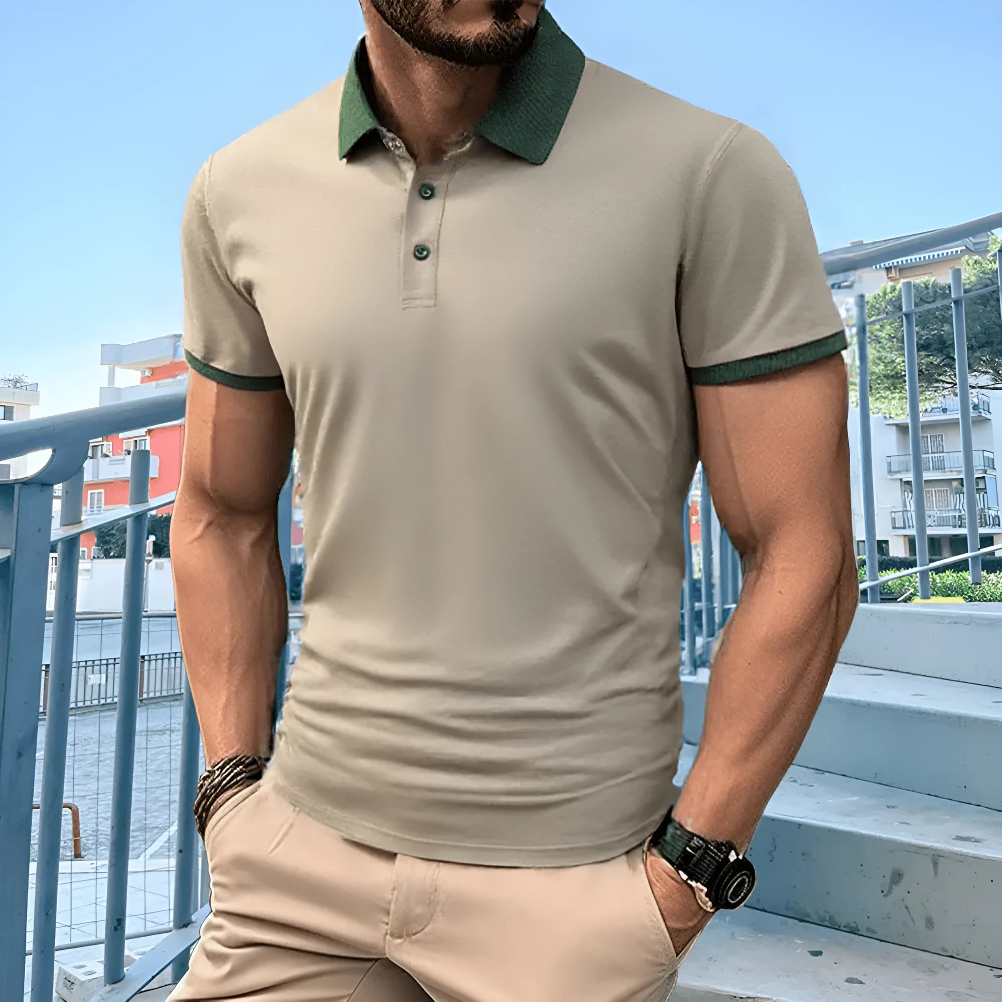 Summer polo shirt in ice silk fabric showing flocking detail and short sleeve design