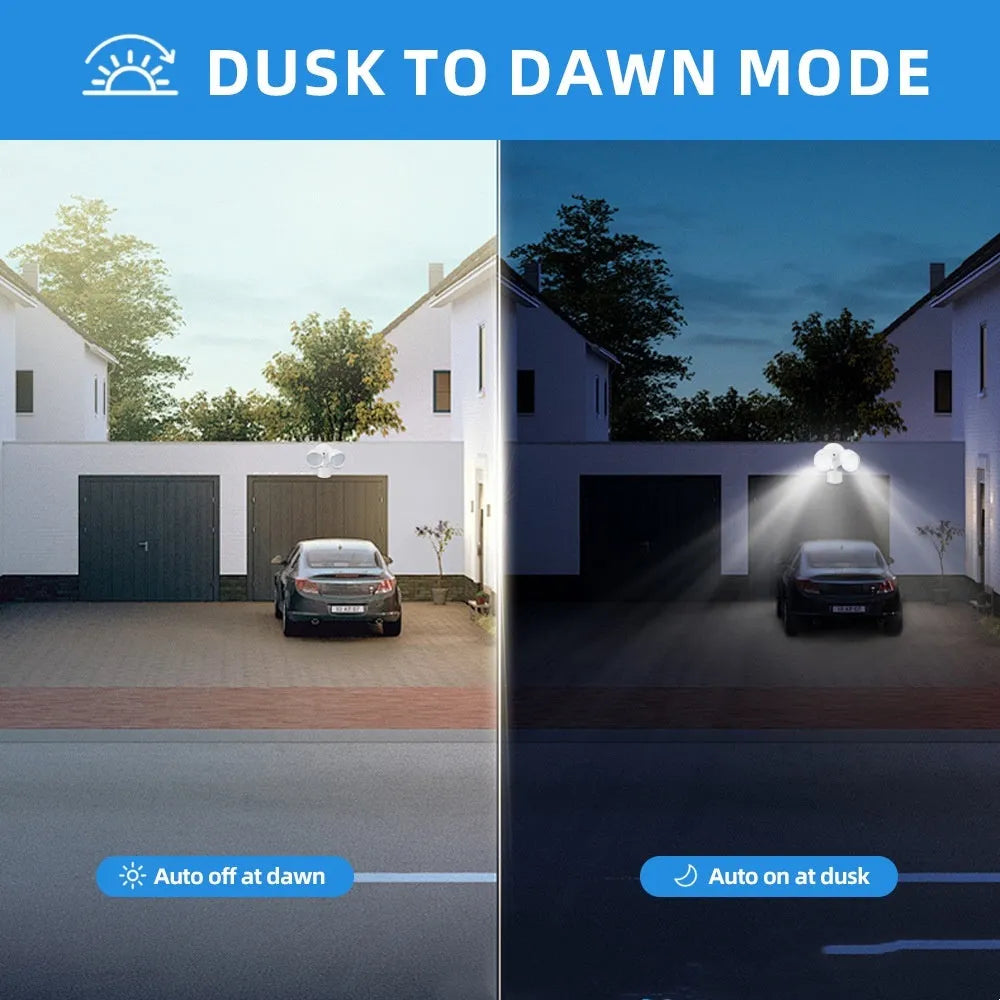 White or black LED security flood light with motion sensor for outdoor courtyard or garage use