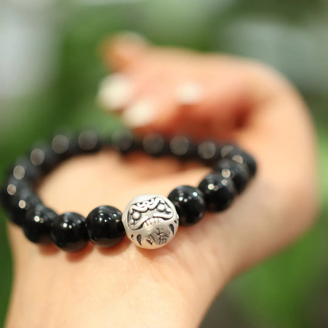 Black agate and sterling silver bracelet with 10mm beads and Chinese style design