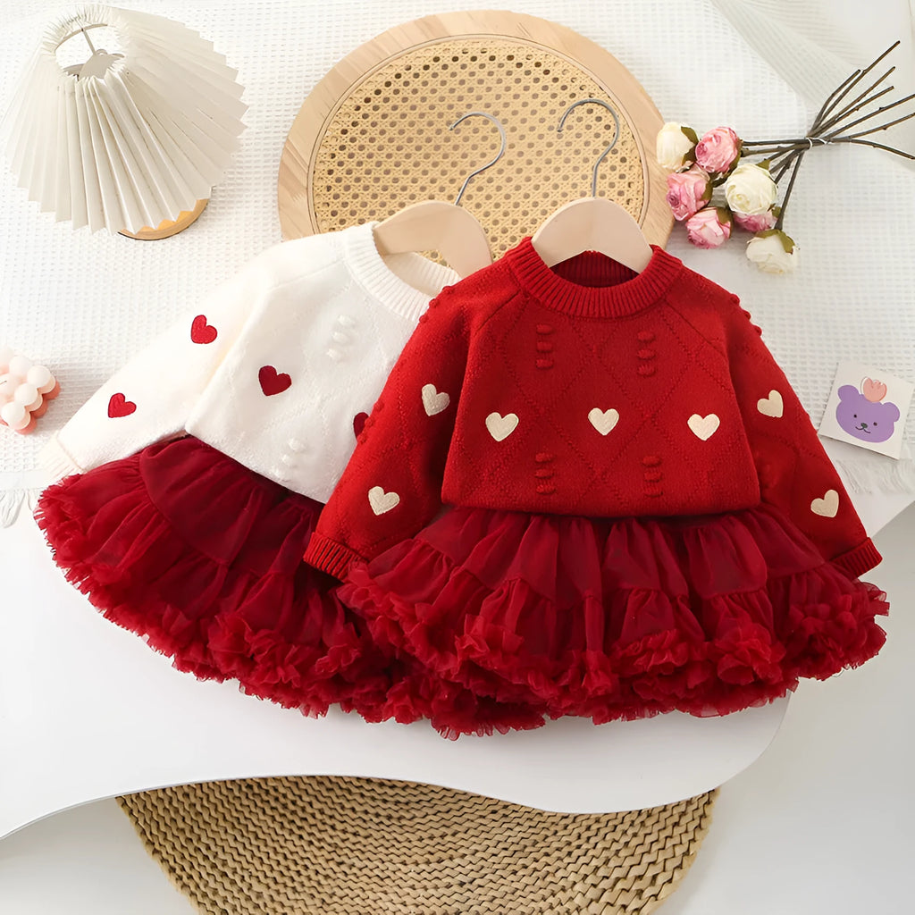 Girl's love embroidered knitted top and skirt set in white top with wine red dress, pullover style