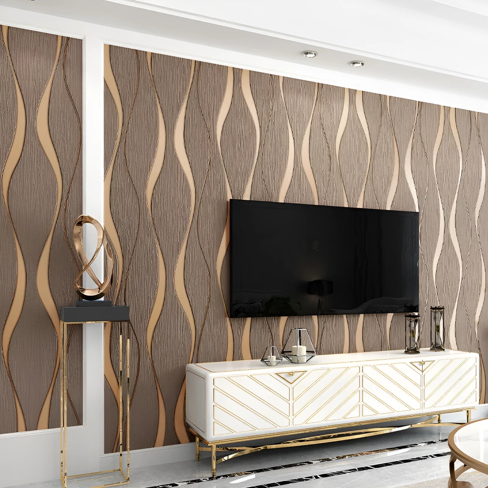 Curve stripe patterned 3D textured wallpaper roll for video wall backgrounds in light grey and dark brown colours