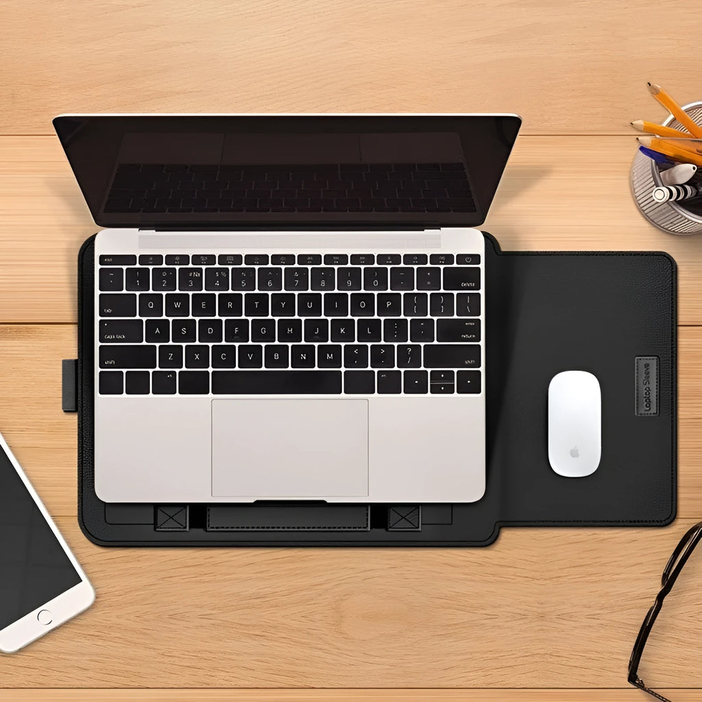 Imitation leather laptop protective sleeve in black with plush interior lining