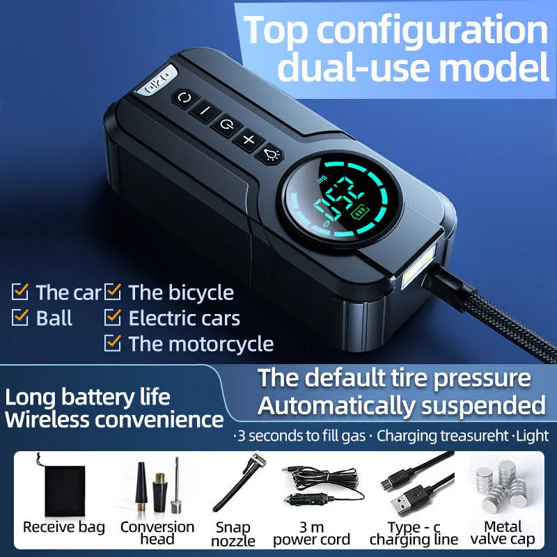 Black portable wireless air pump with digital display, battery, and nozzle accessories on a grey background.