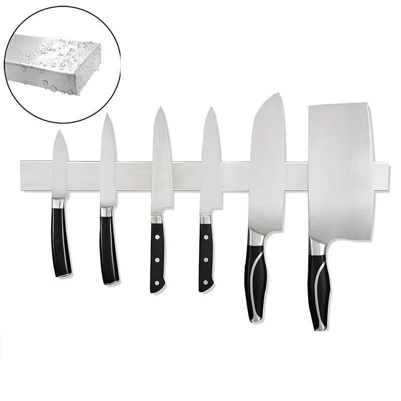 Stainless steel wall-mounted magnetic knife storage rack showing multiple size options