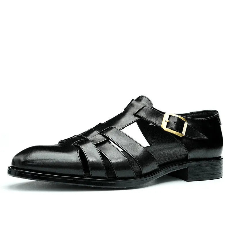 Men's black genuine leather retro sandals with open design and rubber sole.