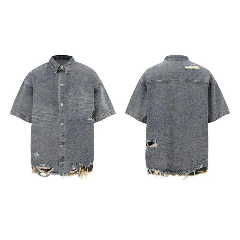 Leopard print denim matching set with short sleeve top and shorts featuring raw cut edge stitching