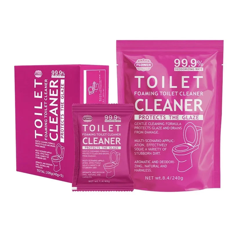 Toilet bubble powder descaling cleaner in blue ocean and pink floral fragrance options with 40g bags and 240g big bag