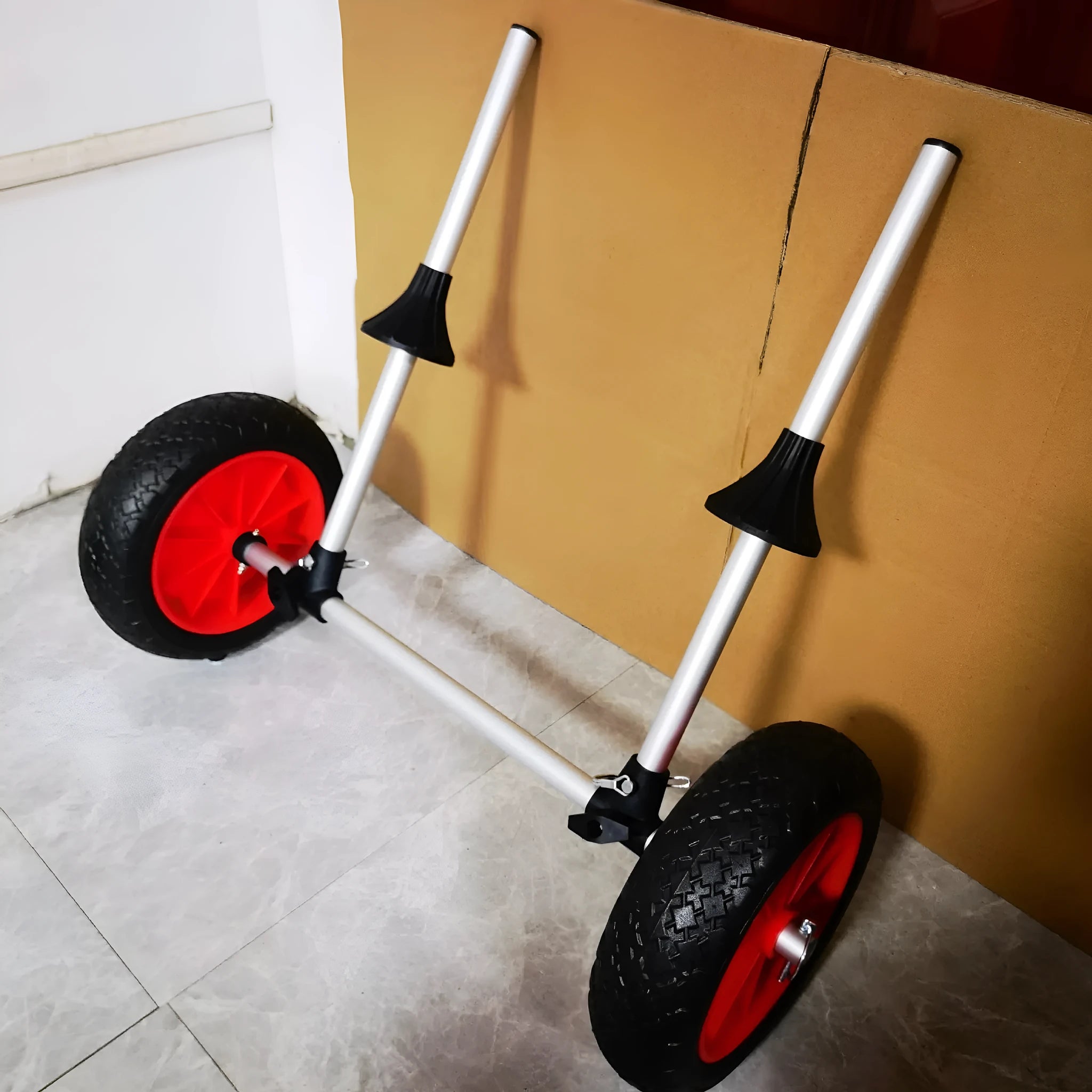 Foldable aluminium kayak beach trailer cart with upright pole for transporting open kayaks