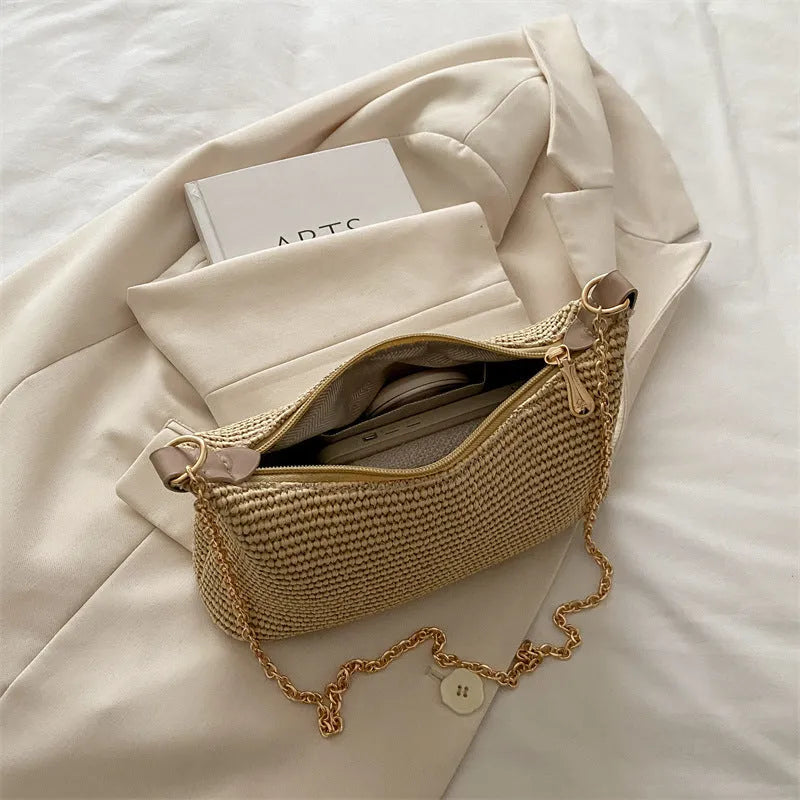 Women's woven straw crossbody bag with phone compartment in khaki colour